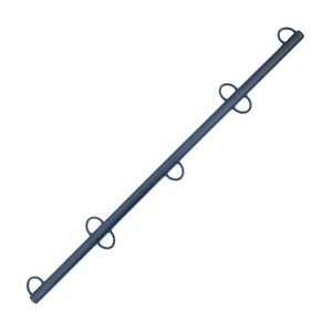 The Matte Black Multi-Purpose Spreader Bar is displayed against a blank background. It is a metal bar with seven metal loops on it, four on one side and three on the other.