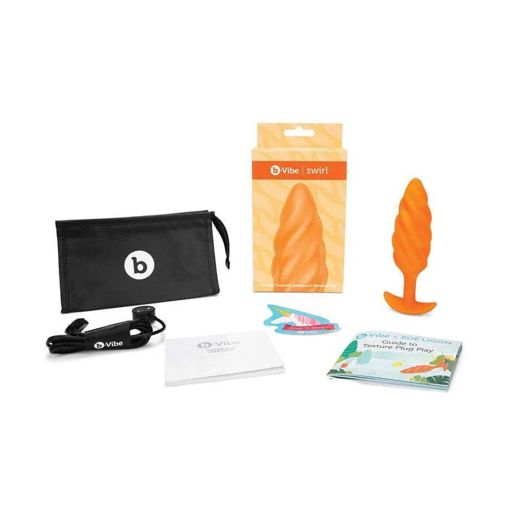 b-Vibe Texture Butt Plug Swirl, Orange, Medium-The Stockroom
