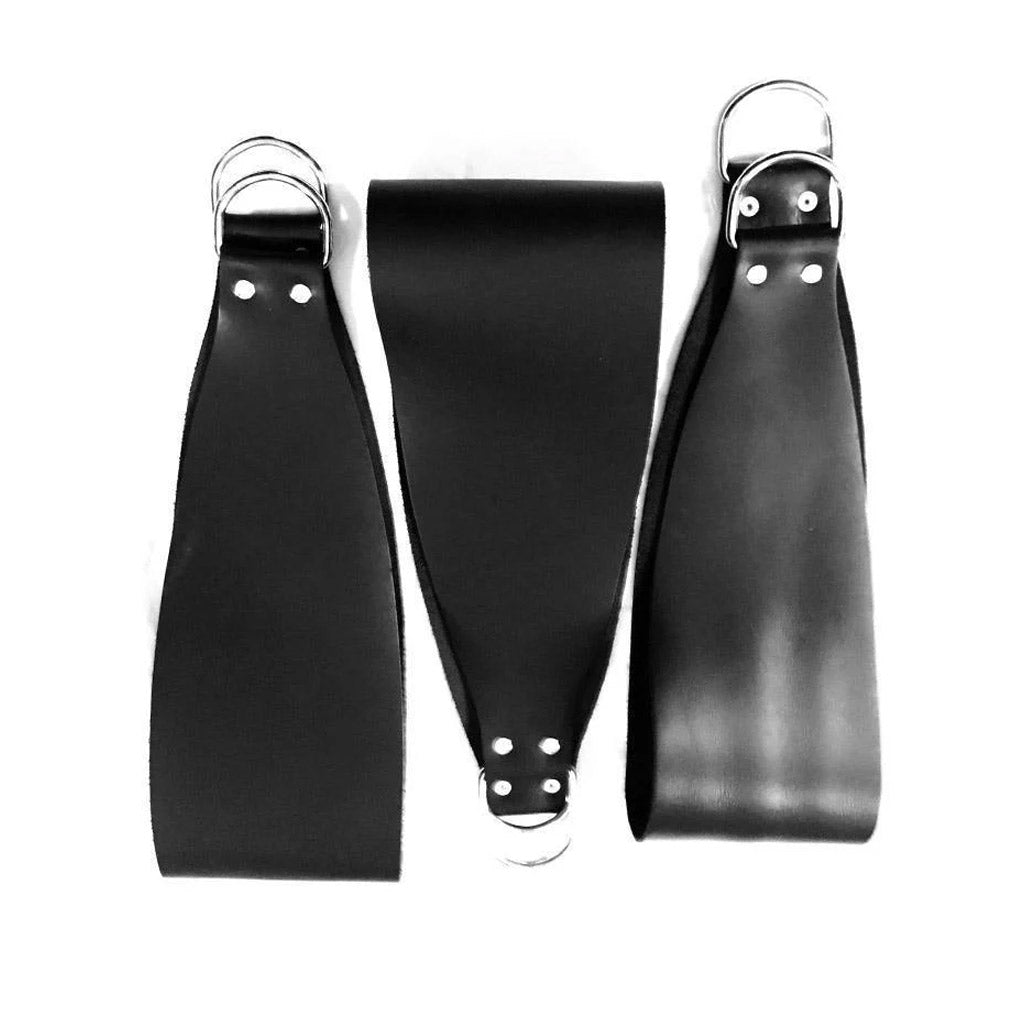 The three black leather stirrups with silver hardware are shown next to each other against a blank background.