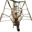 Load image into Gallery viewer, The Tetruss Maxximus Suspension Bondage Frame is shown in use against a blank background. The frame is silver and has 3 poles arranged triangularly, which are connected at the top. A woman is shown tied up in a rope web attached to the frame.