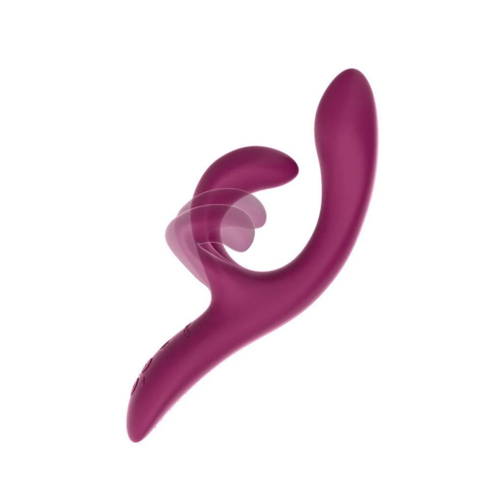 The We-Vibe Nova 2 Rabbit Vibrator is shown from the side against a blank background. The clitoral stimulator is shown in multiple positions with translucent image overlays, demonstrating its flexibility.