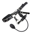 Load image into Gallery viewer, The black leather Inflatable Anal Plug Harness for Men is displayed against a blank background. It has a waistband with two buckling straps and a strap that goes between the legs, with a wider piece of leather that holds the inflatable plug.