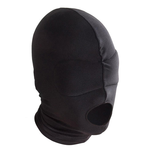 The spandex hood with blindfold is shown on a white