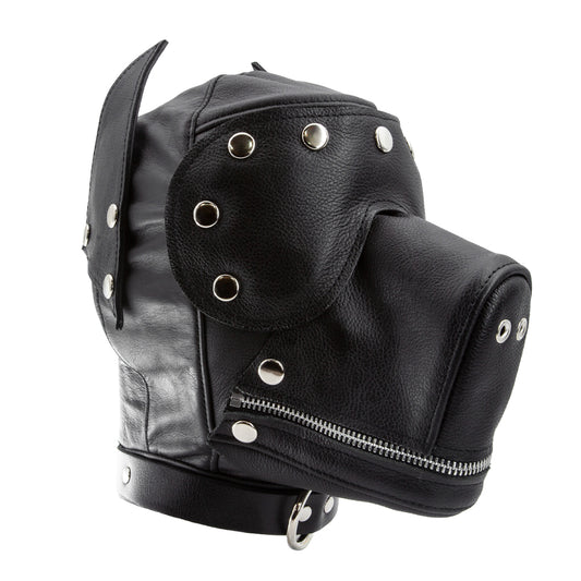 The leather dog hood with snap on muzzle, blindfold and gag is shown on a white background