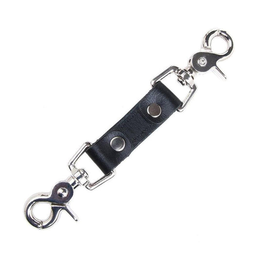 The black Premium Garment Leather Restraint Clip on a white background. It is a short piece of black leather with silver metal rivets and a metal snap hook on each end.