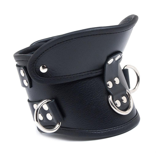A black leather posture collar seen from the front against a white background.f The collar has a D-ring in the center and on each side. At the top, the collar angles outwards.