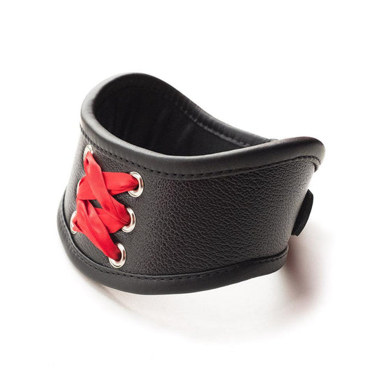 The Red Laced BDSM Posture Collar is shown from the side against a white background.