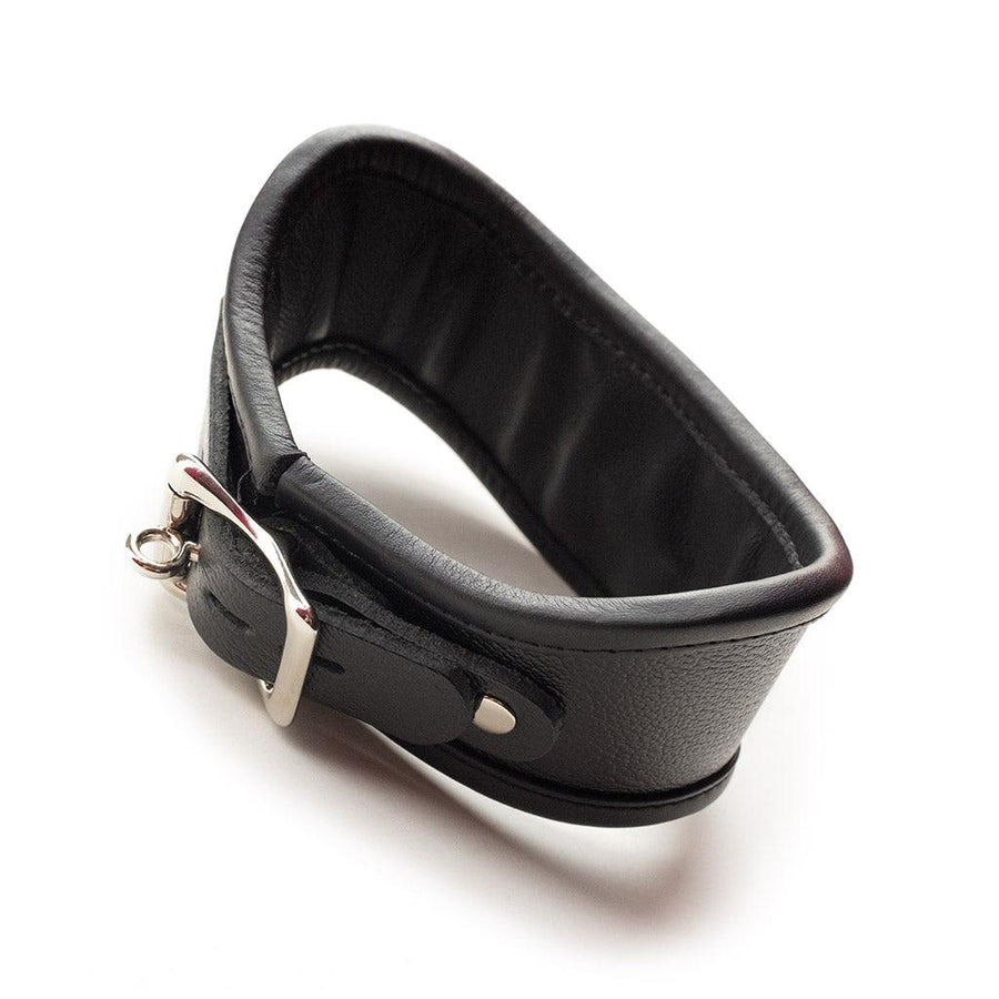 The Red Laced BDSM Posture Collar is shown from the back against a blank background, displaying the adjustable strap and lockable metal buckle.
