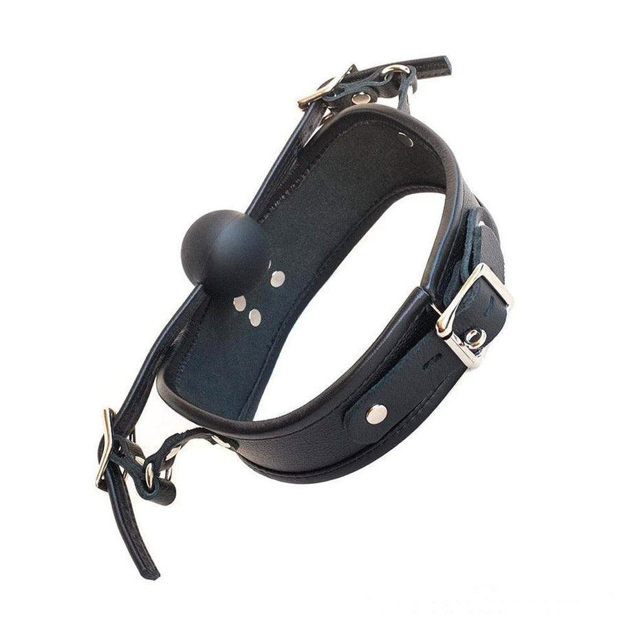 The black Leather BDSM Posture Collar with Silicone Ball Gag is shown from the back against a blank background. The collar has an adjustable strap and a lockable silver buckle.