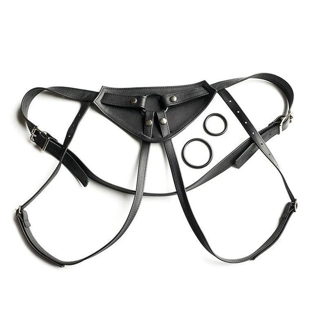 The Full Curves Leather Strap-on Harness in black is displayed against a blank background.