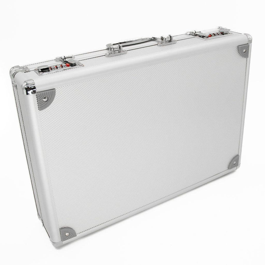 The case for the Kinklab Agent Noir™ Neon Wand Electrosex Kit is displayed against a blank background. The case is a silver metal attaché case.
