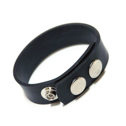 The black rubber KinkLab 3 Snap Cock Ring, made of a thin strip of rubber with adjustable snap closures, is displayed against a blank background.