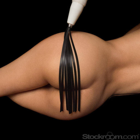 A nude woman’s back and ass are shown against a black background. She lies on her side, and an invisible hand holding a white Neon Wand with the Kinklab Electro-Whip Neon Wand® Attachment attached drags the falls over her ass.