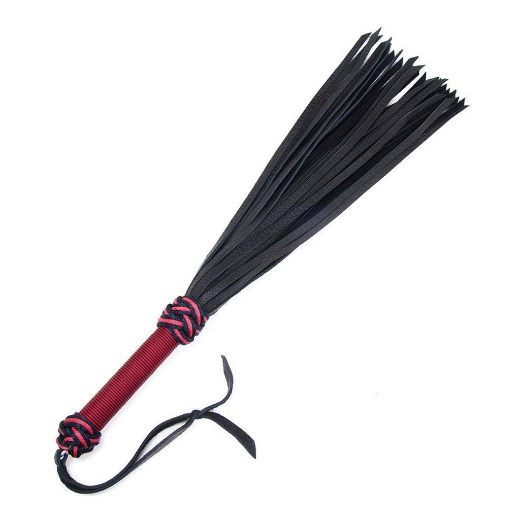 The red/black 30-inch Buffalo Hide Flogger is displayed against a blank background. The flogger has black leather falls, and the handle is wrapped in red and black nylon with knots at the top and bottom and a black leather wrist loop at the base of the handle.
