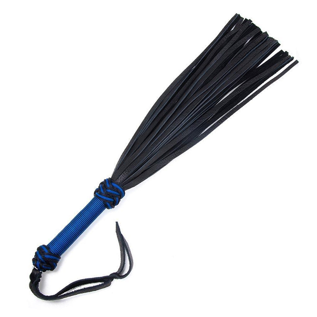 The black/blue 30-inch Buffalo Hide Flogger is displayed against a blank background. The flogger has black leather falls, and the handle is wrapped in blue and black nylon with knots at the top and bottom and a black leather wrist loop at the base of the handle.