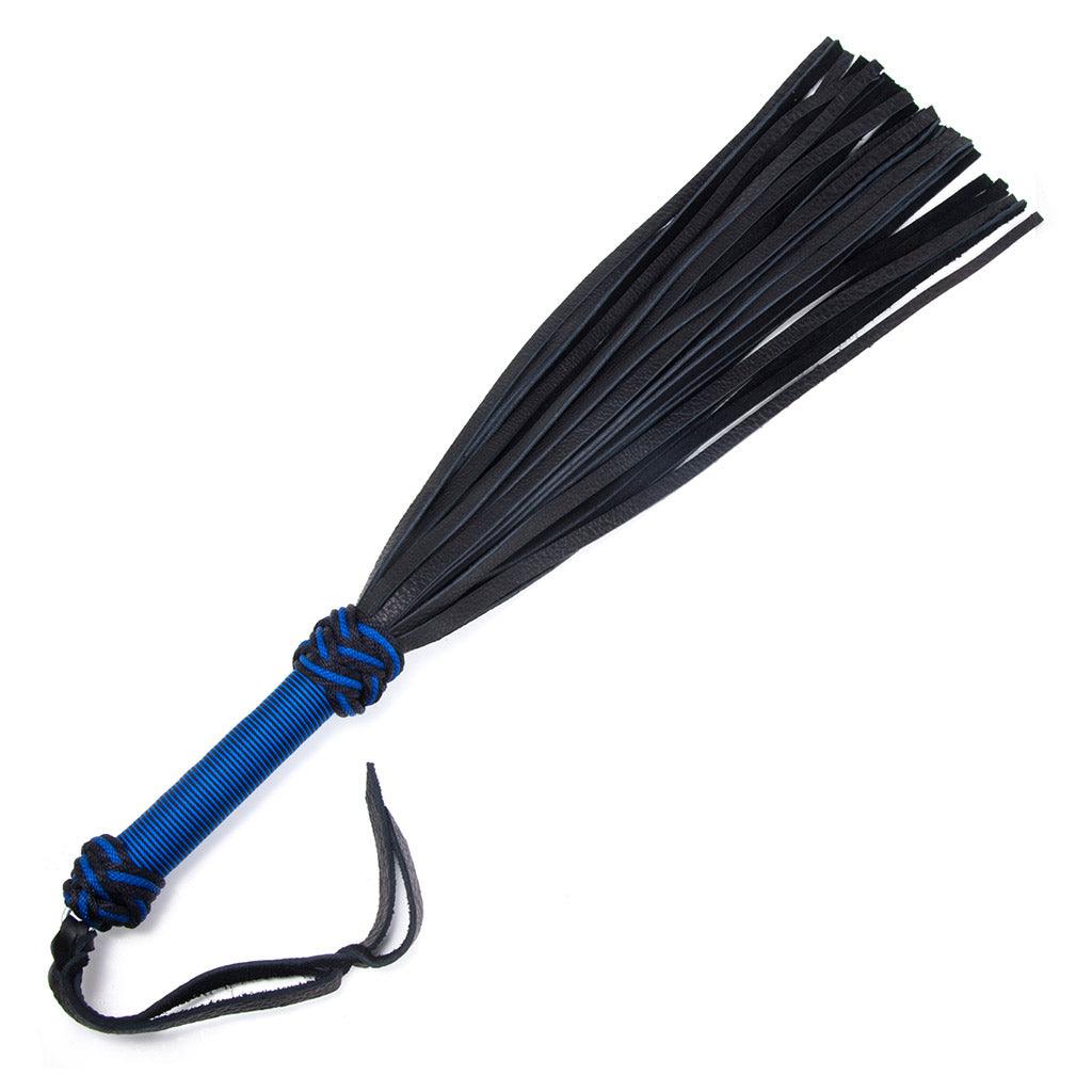 The blue/black 30-inch Elk Hide Flogger is displayed against a blank background. The flogger has black leather falls, and the handle is wrapped in blue and black nylon with knots at the top and bottom and a black leather wrist loop at the base of the handle.