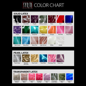 An image with color swatches of the available latex colors for Syren Latex garments.
