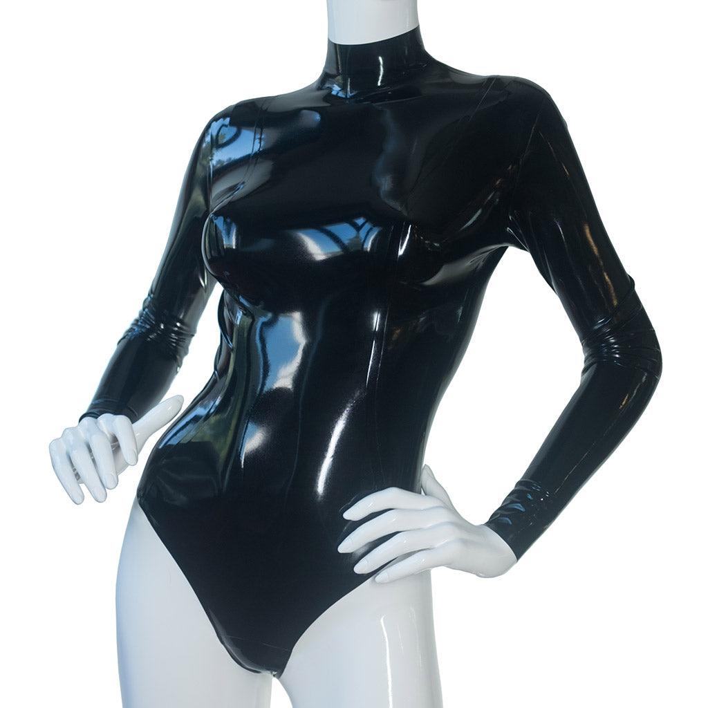 The Nadia Latex Bodysuit in black by Syren Latex is displayed on a female mannequin in front of a grey backdrop.