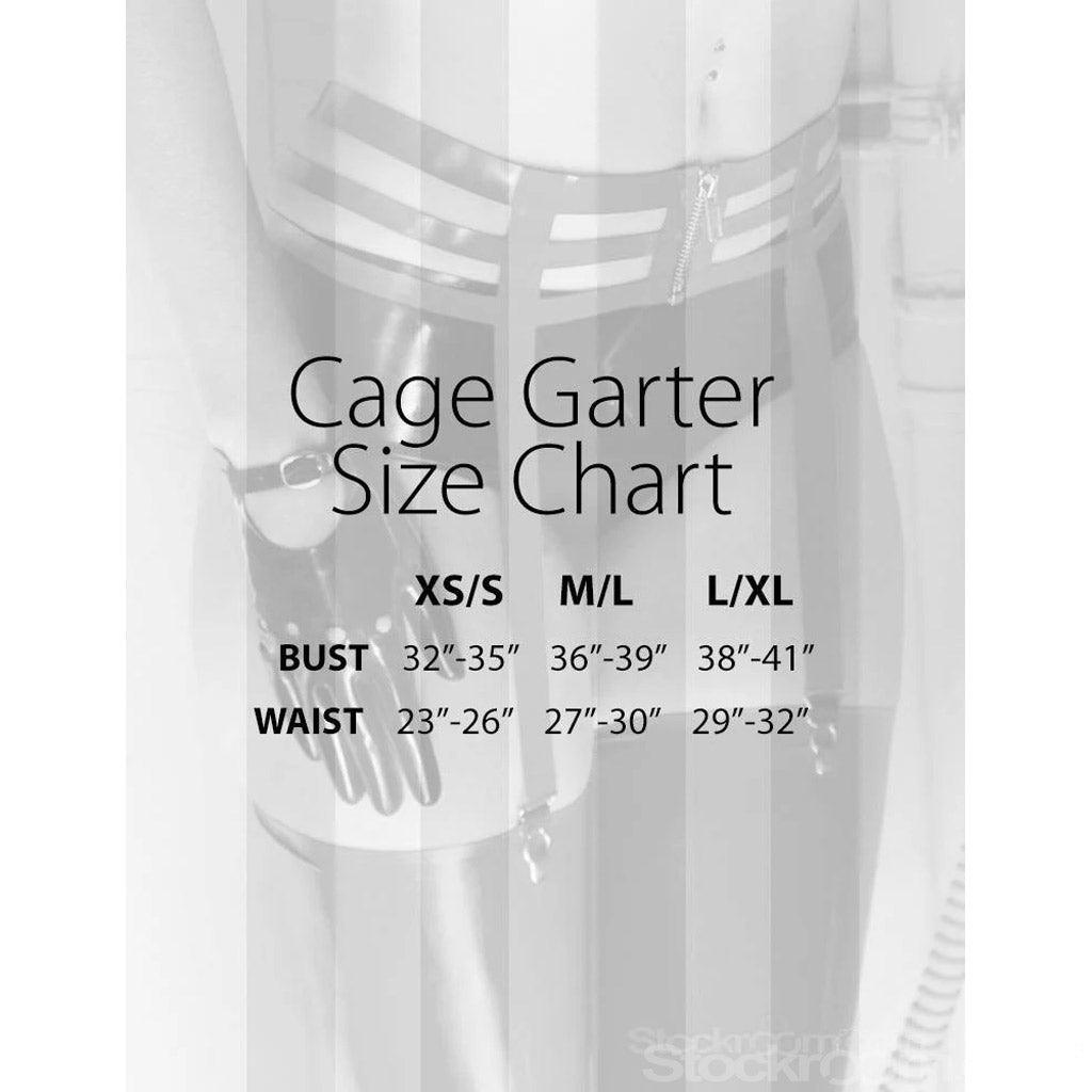 An image displaying the size chart for the Cage Garter by Syren Latex.