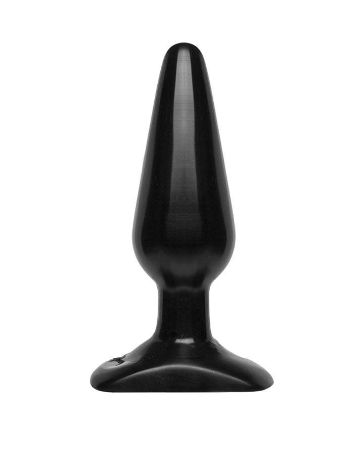 The Black Anal Plug, size Medium by Doc Johnson is shown against a blank background. It is a black rubber butt plug.
