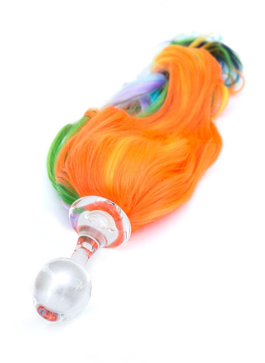 The Rainbow Detachable Ponytail Glass Butt Plug is shown against a blank background.