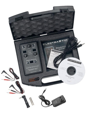 The contents of the Electrastim Sensavox are shown against a blank background. A black case lined with foam has the Sensavox in it with a manual, CD, and multiple cords. Outside the case are a charger, cords, and a small microphone.