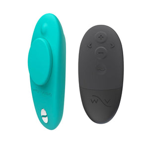 The We-Vibe Moxie+ Plus in Aqua is shown on a plain white background. The bullet vibrator is displayed next to the remote control.