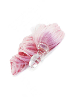 The Pink Detachable Ponytail Glass Butt Plug is shown against a blank background. The plug is made of clear glass and has a long, light pink tail attached to the base. 