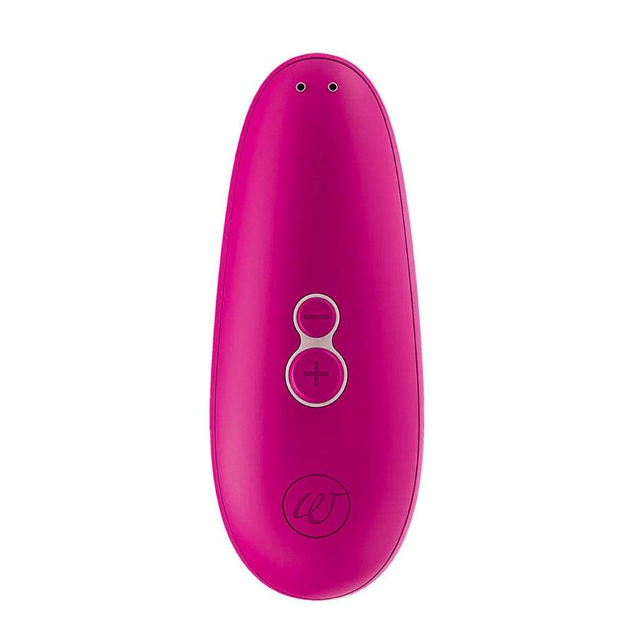 The Womanizer Starlet 3 vibrator in Pink is shown from the back against a blank background, showing its two buttons and magnetic charging ports.