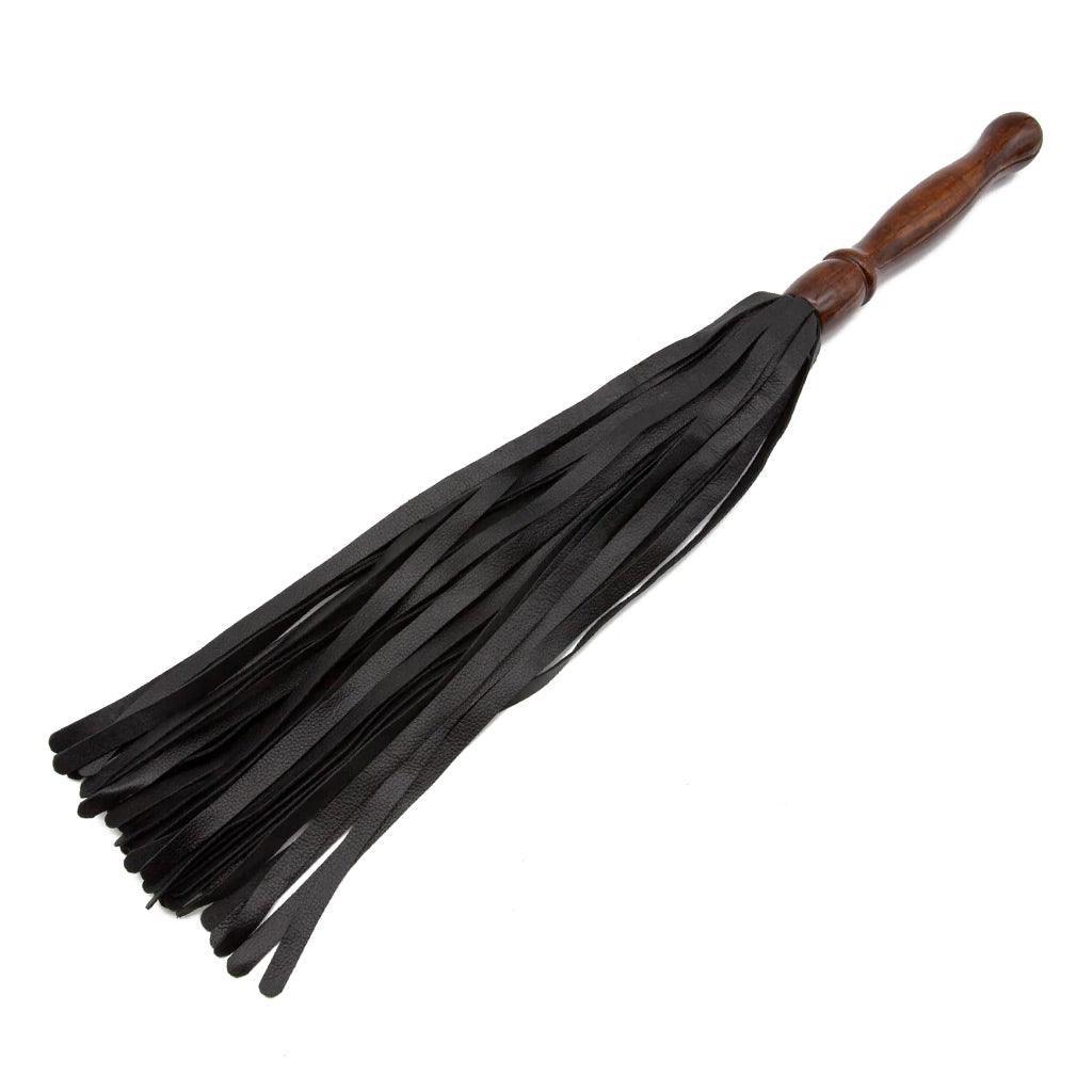 The Sissoo Rosewood Long Handle Leather Flogger is shown on a white background. The BDSM impact play toy features leather falls and a wooden round handle.