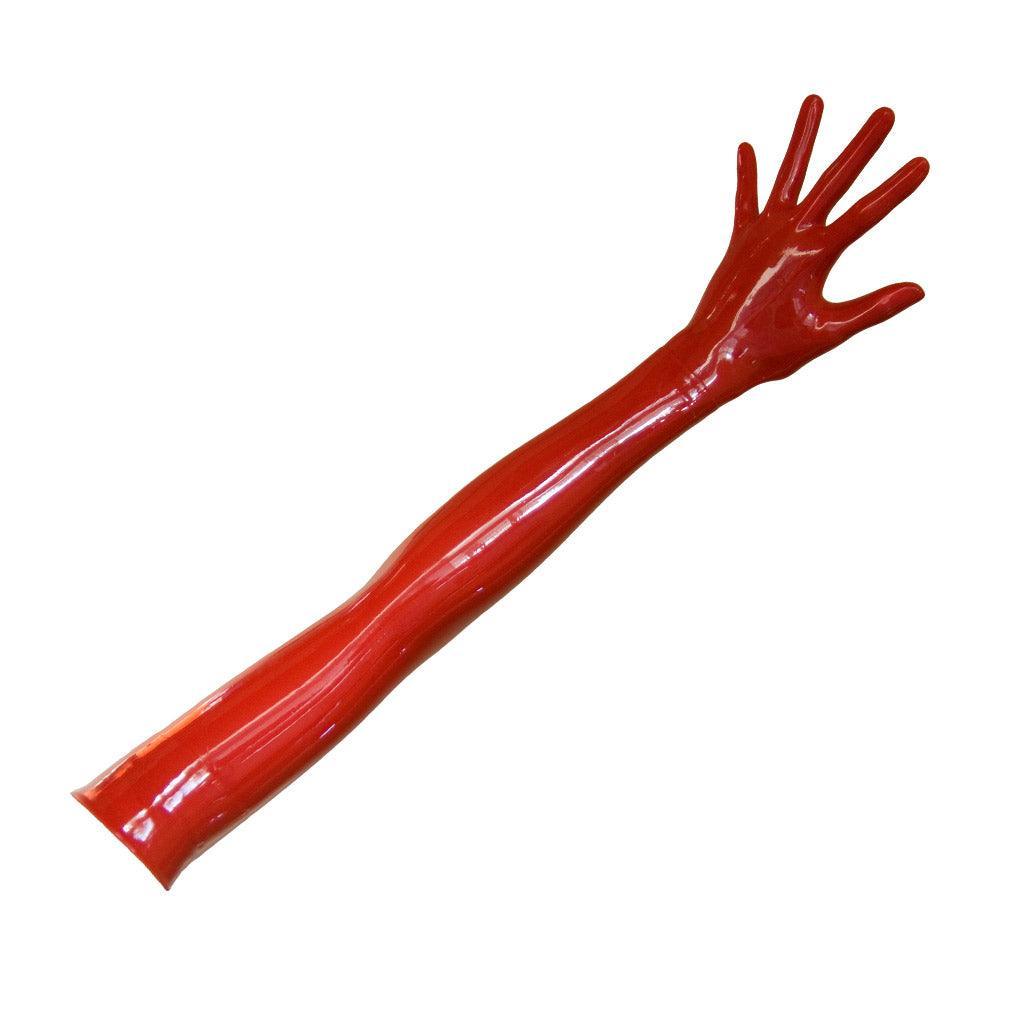 An image of the Molded Latex Opera Length Gloves in red latex by Fetisso on a plain white background.