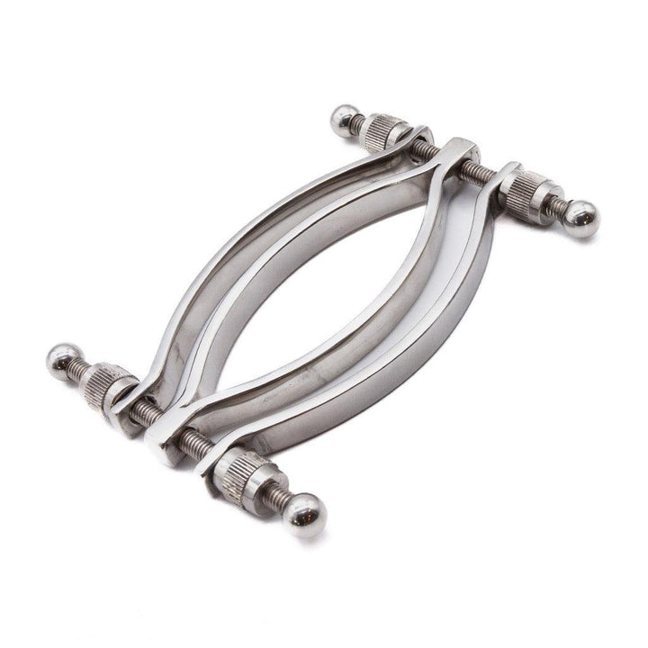 An image of the Stainless Steel Adjustable Pussy Clamp on a plain white background. It is a medical instrument used for sensation play and bondage scenes.