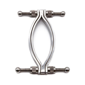 An image of the Stainless Steel Adjustable Pussy Clamp on a plain white background. It is a medical instrument used for sensation play and bondage scenes.