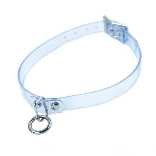 A choker necklace made of transparent vinyl on a white background. A small O-ring hangs from the front.