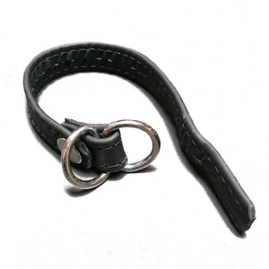 A Leather Cock Ring with D-Ring, Black made by The Stockroom and Stormy Leather is shown displayed in front of a white background.