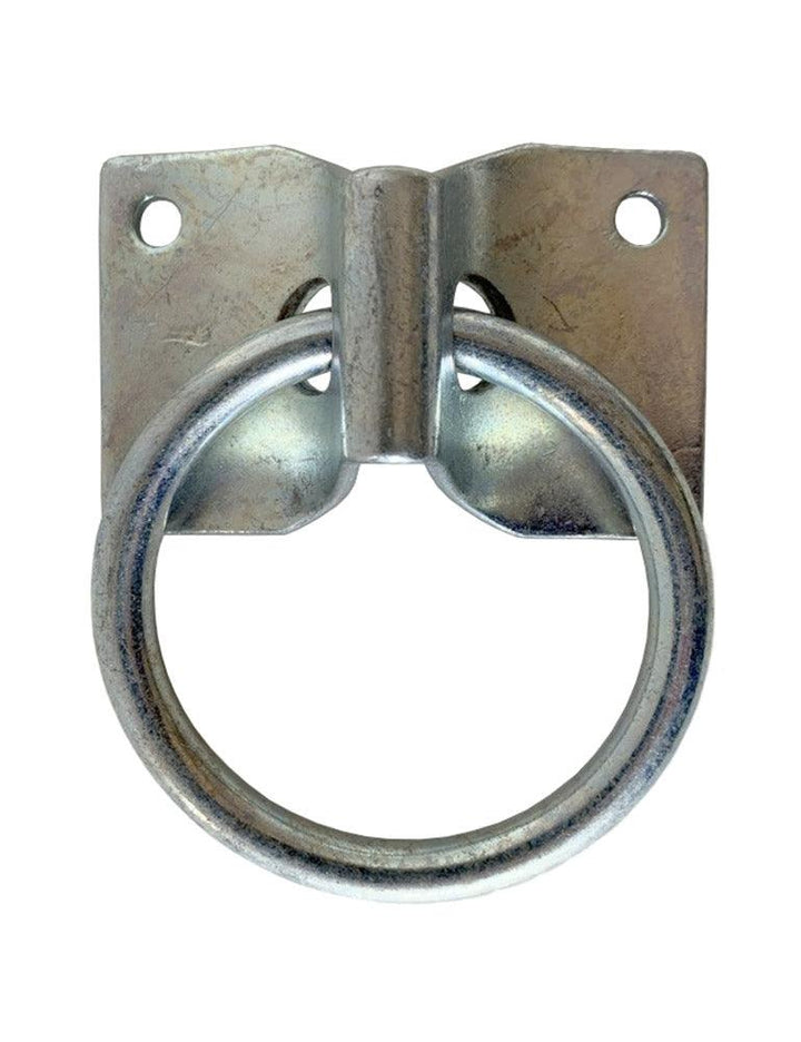 The Tie Ring for bondage suspension is displayed against a blank background. It is made of silver metal and is an O-ring that is looped through a steel plate.