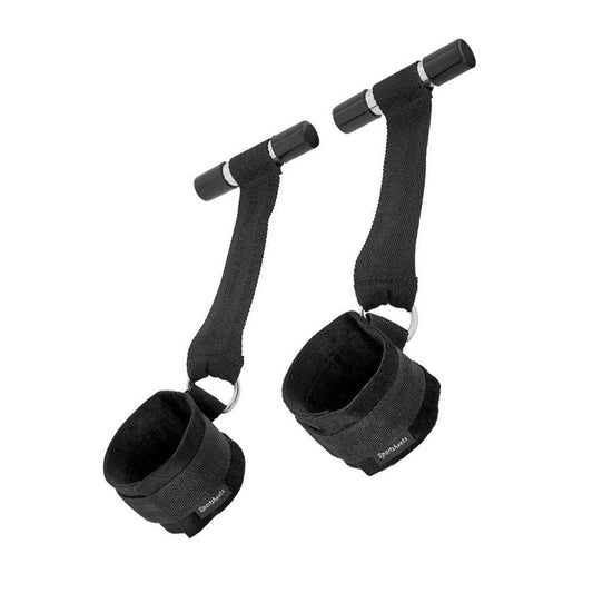 The Over-The-Door Cuffs Set is displayed against the blank background. The set consists of two black cuffs, each one attached to a blank strap with a horizontal metal rod at the top.