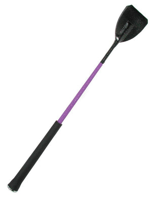 The Short Purple Riding Crop is displayed against a blank background. It is made of a black handle and a short purple nylon rod with a black leather tab at the top.