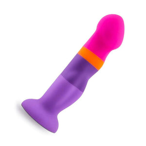 The Avant D3 Summer Fling Silicone Dildo is shown against a blank background. The toy has two bumps on one side and a pronounced head. It has a light purple base and bottom section, a dark purple middle, an orange stripe above that, and a hot pink tip.