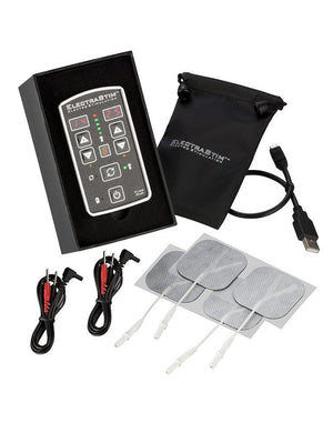 The contents of the Electrastim Flick Duo Stimulator Pack are displayed against a blank background, including the stimulator, four unipolar electrapads, connecting wires, a charger, and a pouch. 