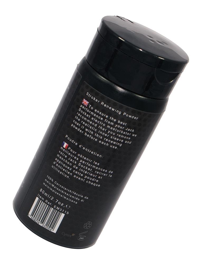 The Electrastim Renewing Powder For Tpe "Jack Socket" Sleeves is displayed against a blank background. It is a black plastic bottle. 