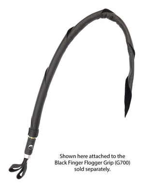 The Cow Leather Interchangeable Dragontail in Black is shown attached to a Black Finger Flogger Grip against a blank background.