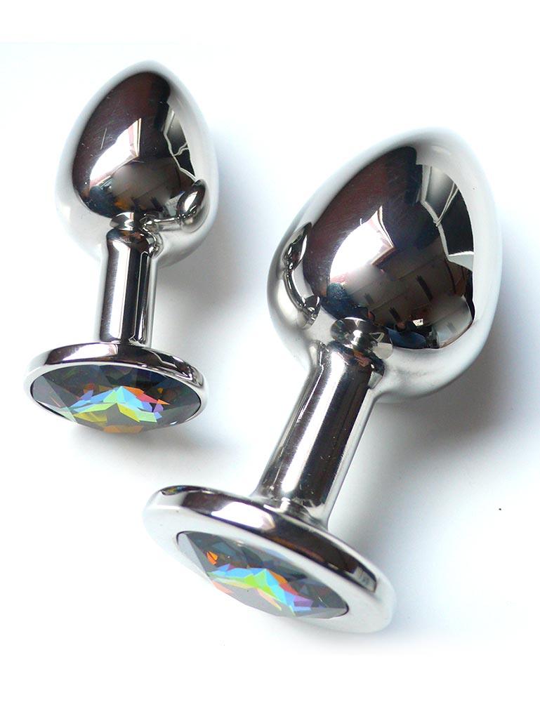 Two Julian Snelling Rosebuds Jeweled Anal Plugs, one medium and one large, are displayed against a blank background. The base has an Aurora Borealis Swarovski Crystal covering it.