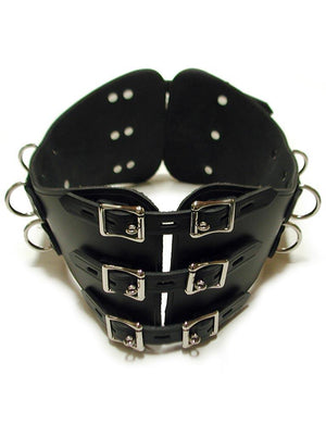 The Leather BDSM Waist Cincher is displayed against a blank background. It is made of black leather and silver metal hardware, with locking buckles and adjustable straps.