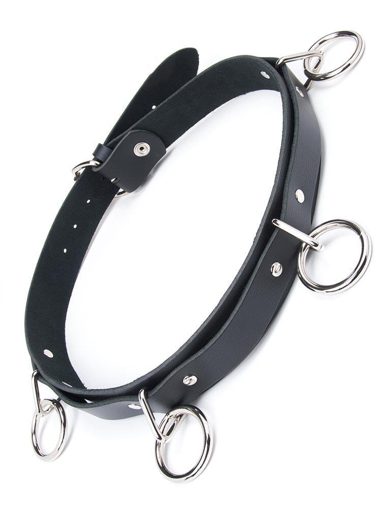 The black leather Punk Bondage Belt from The Stockroom, which has O-rings dangling off of it, is displayed against a blank background.