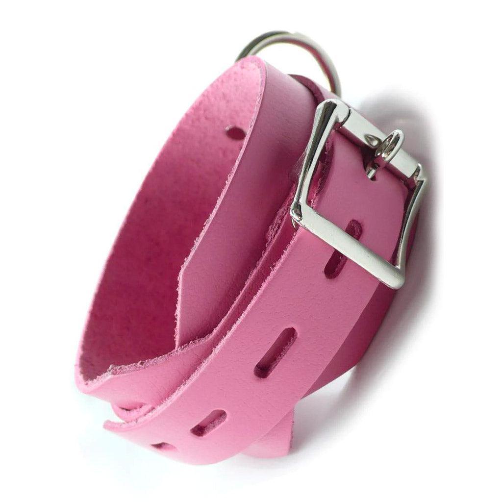 The Pink Leather Collar with Locking Buckle is shown against a blank background displaying the lockable metal buckle.