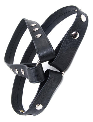 The Contender Leather BDSM Chest Harness is shown against a blank background. It is made of black leather with silver hardware.