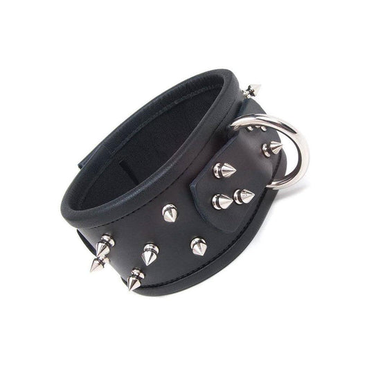 The BDSM Alpha Dog Leather Collar with Spikes is shown against a blank background. It is made of black leather with silver hardware.
