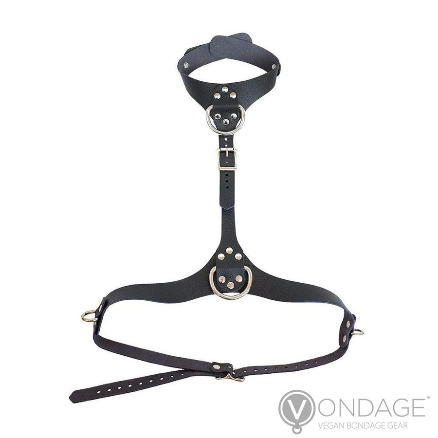 The Vondage Vegan Leather Bust Harness is shown against a blank background. The harness has a buckle with adjustable straps where it wraps around the body and near the collar portion.