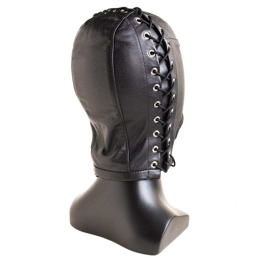 The Open Mouth Leather Bondage Hood is displayed on a mannequin and shown from the side against a blank background.